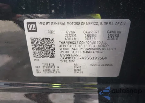 2025 Chevrolet Blazer Fwd 2Lt from USA, damaged, VIN 3GNKBCR43SS193564